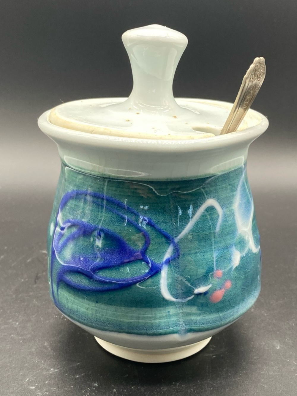 Handcrafted Teal Ceramic Sugar Jar /Honey Pot / Jam jar Artist signed